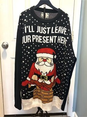 Christmas Sweater Mens 3XL Black Knit Crew Neck Pullover Santa Christmas Graphic